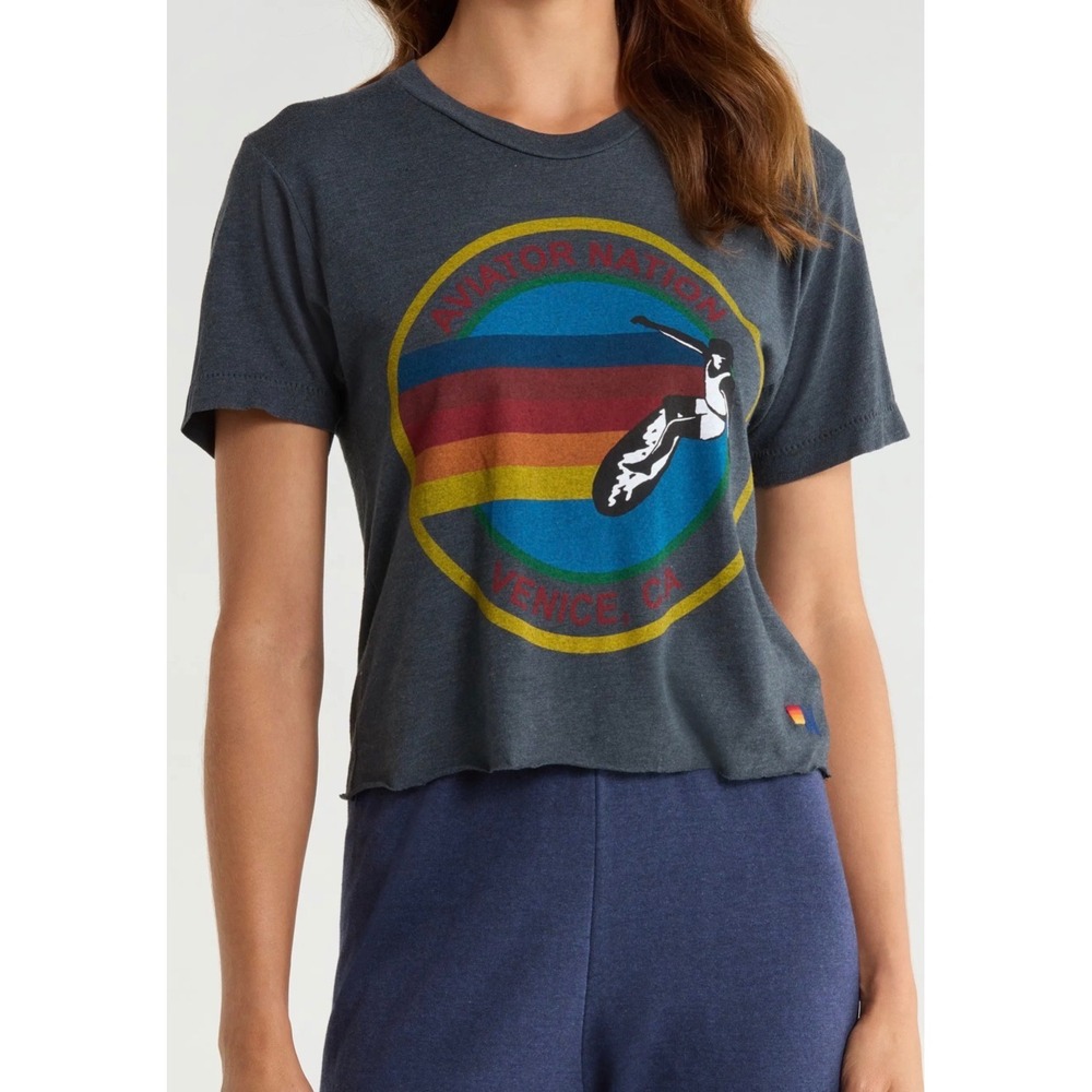 Aviator Nation Venice CA Surfer Graphic Cropped Tee Charcoal Gray XS